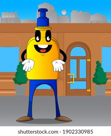 Cartoon bottle of hand sanitizer gel for hygiene with face showing something with both hands or expressing don't know gesture.