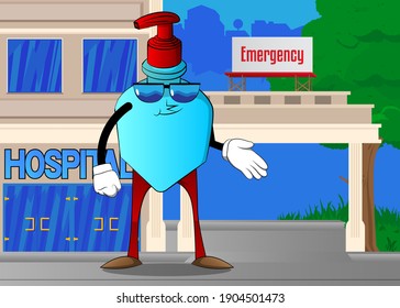 Cartoon bottle of hand sanitizer gel for hygiene with face giving a hand.