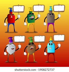 Cartoon bottle of hand sanitizer gel for hygiene with face holding blank sign.
