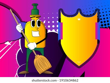 Cartoon bottle of hand sanitizer gel for hygiene with face holding a broom.