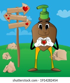 Cartoon bottle of hand sanitizer gel for hygiene with face with heart shape hand gesture.