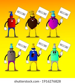Cartoon bottle of hand sanitizer gel for hygiene with face holding a banner with welcome text.