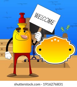 Cartoon bottle of hand sanitizer gel for hygiene with face holding a banner with welcome text.