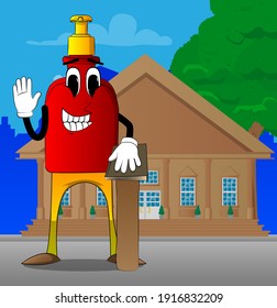 Cartoon bottle of hand sanitizer gel for hygiene with face raising his hand and put the other on a holy book.