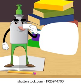 Cartoon bottle of hand sanitizer gel for hygiene with face holding blank white card mockup.