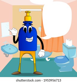 Cartoon bottle of hand sanitizer gel for hygiene with face with pointing hand behind his back.
