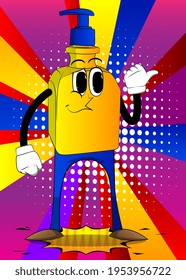 Cartoon bottle of hand sanitizer gel for hygiene with face with pointing hand behind his back.