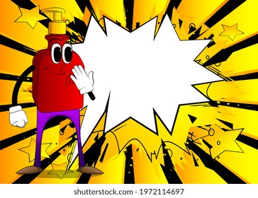 Cartoon bottle of hand sanitizer gel for hygiene with face cooling himself with his hand.