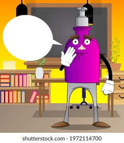 Cartoon bottle of hand sanitizer gel for hygiene with face cooling himself with his hand.