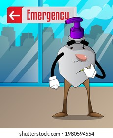 Cartoon bottle of hand sanitizer gel for hygiene with face with medical injection in hand.