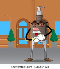 Cartoon bottle of hand sanitizer gel for hygiene with face checking his watch.