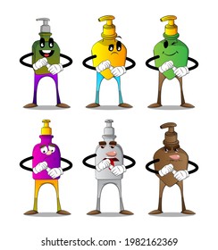 Cartoon bottle of hand sanitizer gel for hygiene with face opening a blank tube of paste.