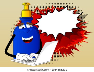 Cartoon bottle of hand sanitizer gel for hygiene with face working with laptop.