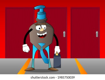 Cartoon bottle of hand sanitizer gel for hygiene with face as boss with suitcase or bag and tie.