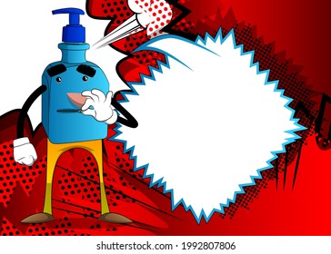 Cartoon bottle of hand sanitizer gel for hygiene with face zipping his mouth.