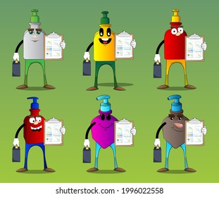 Cartoon bottle of hand sanitizer gel for hygiene with face as a boss with suitcase or bag shows finance report.