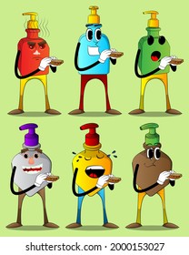 Cartoon bottle of hand sanitizer gel for hygiene with face eating a sandwich.