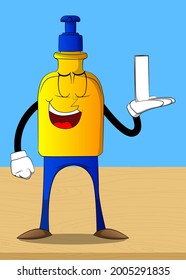 Botella de caricatura de gel sanitizador de mano para la higiene con la cara sosteniendo caja alta blanca.