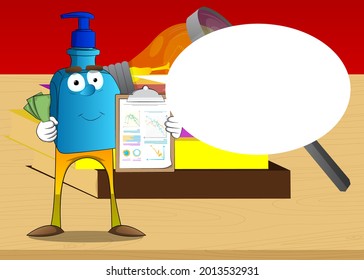 Cartoon bottle of hand sanitizer gel for hygiene with face shows finance report and money bills.
