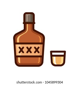 Cartoon bottle of liquor and shot glass icon. Shiny flat vector illustration, alcohol icon.