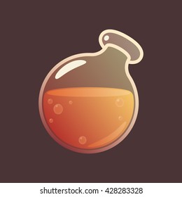 Cartoon bottle. Magic elixir in glass flask. Vector game icon. Design for app user interface.