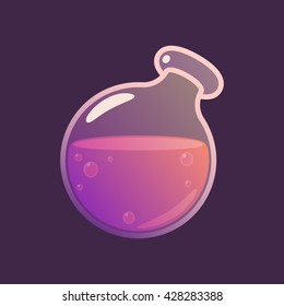 Cartoon bottle. Magic elixir in glass flask. Vector game icon. Design for app user interface.