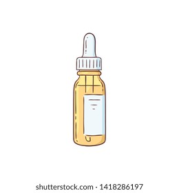 Cartoon bottle of serum with oil like liquid and dropper for cosmetic beauty and skin care. Closed hand drawn sketch style container with pipette isolated on white background, vector illustration