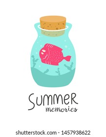 Cartoon bottle with summer memories. Vector illustration. 