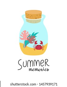Cartoon bottle with summer memories. Vector illustration. 
