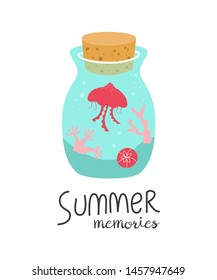Cartoon bottle with summer memories. Vector illustration. 
