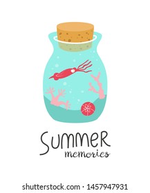 Cartoon bottle with summer memories. Vector illustration. 