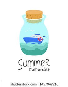 Cartoon bottle with summer memories. Vector illustration. 