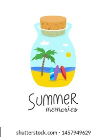 Cartoon bottle with summer memories. Vector illustration. 
