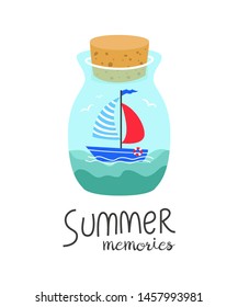 Cartoon bottle with summer memories. Vector illustration. 