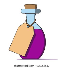Cartoon bottle with a tag. Vector illustration