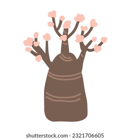 Cartoon bottle tree with flowers isolated vector illustration. Desert rose, Adenium Obesum, or red impala lily in blossom