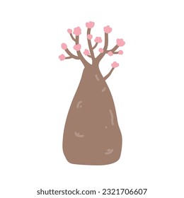 Cartoon bottle tree with flowers isolated vector illustration. Desert rose, Adenium Obesum, or red impala lily in blossom