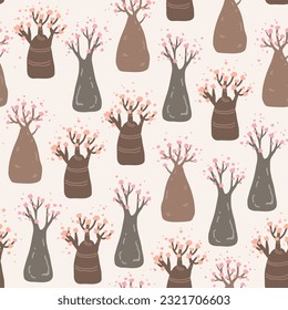 Cartoon bottle tree forest seamless pattern. Desert rose in bloom, Adenium Obesum flowers, or red impala lily in blossom. Vector illustration.