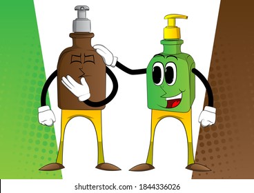 Cartoon bottles of hand sanitizer gel for hygiene  with face comforting another.