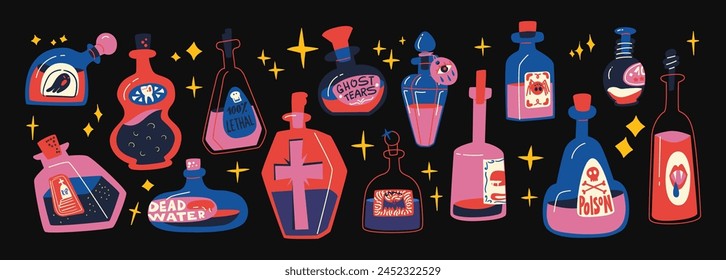 Cartoon bottles with magic potion. Alchemical drink magic jars, flasks, spells, poison, elixir, antidote. Halloween witch drinks in retro acid groovy funky cartoon style