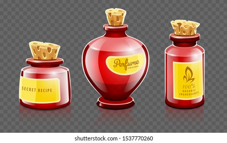 Cartoon bottles with natural organic cosmetic aroma liquids, perfume and beauty balsam with labels closed with corks. Isolated on transparent grid background. Eps10 vector illustration.