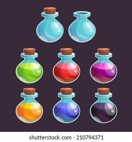 Cartoon bottles with poison in different colors, vector elements