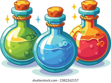 Botellas de dibujos animados con veneno en diferentes colores, ilustración vectorial