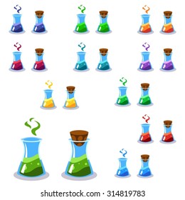 Cartoon bottles with poison in different colors