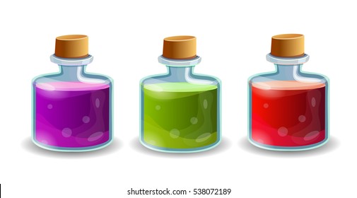 Cartoon bottles with poison in different colors, vector elements