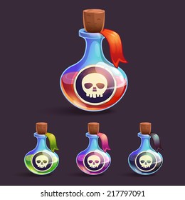 Cartoon bottles with poison and skull stickers on it, in different colors