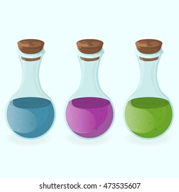 Cartoon bottles potion with colorful liquid.
