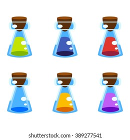 Cartoon bottles with potion in different colors