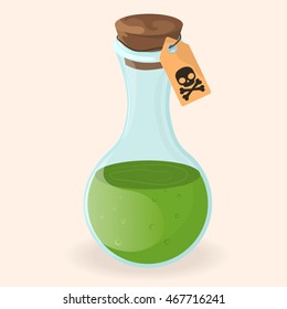Cartoon bottles of potion with tag. Vector illustration.