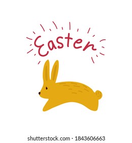 Cartoon Bouncing easter bunnies. Cute yellow rabbit in with the inscription Easter spring illustration for the Easter holiday. Vector image of a rabbit drawn in the flat style. With the Spring holiday